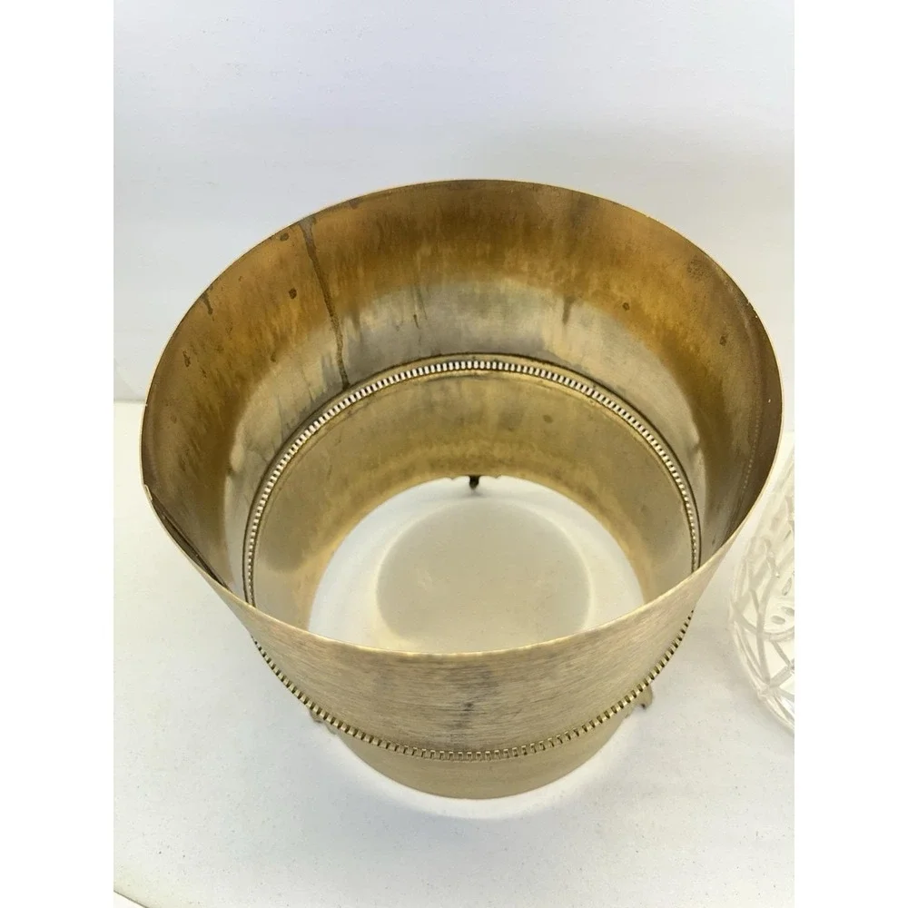 Vintage Hollywood Regency Gold Tone Metal Wastebasket W/ Acrylic Liner Footed